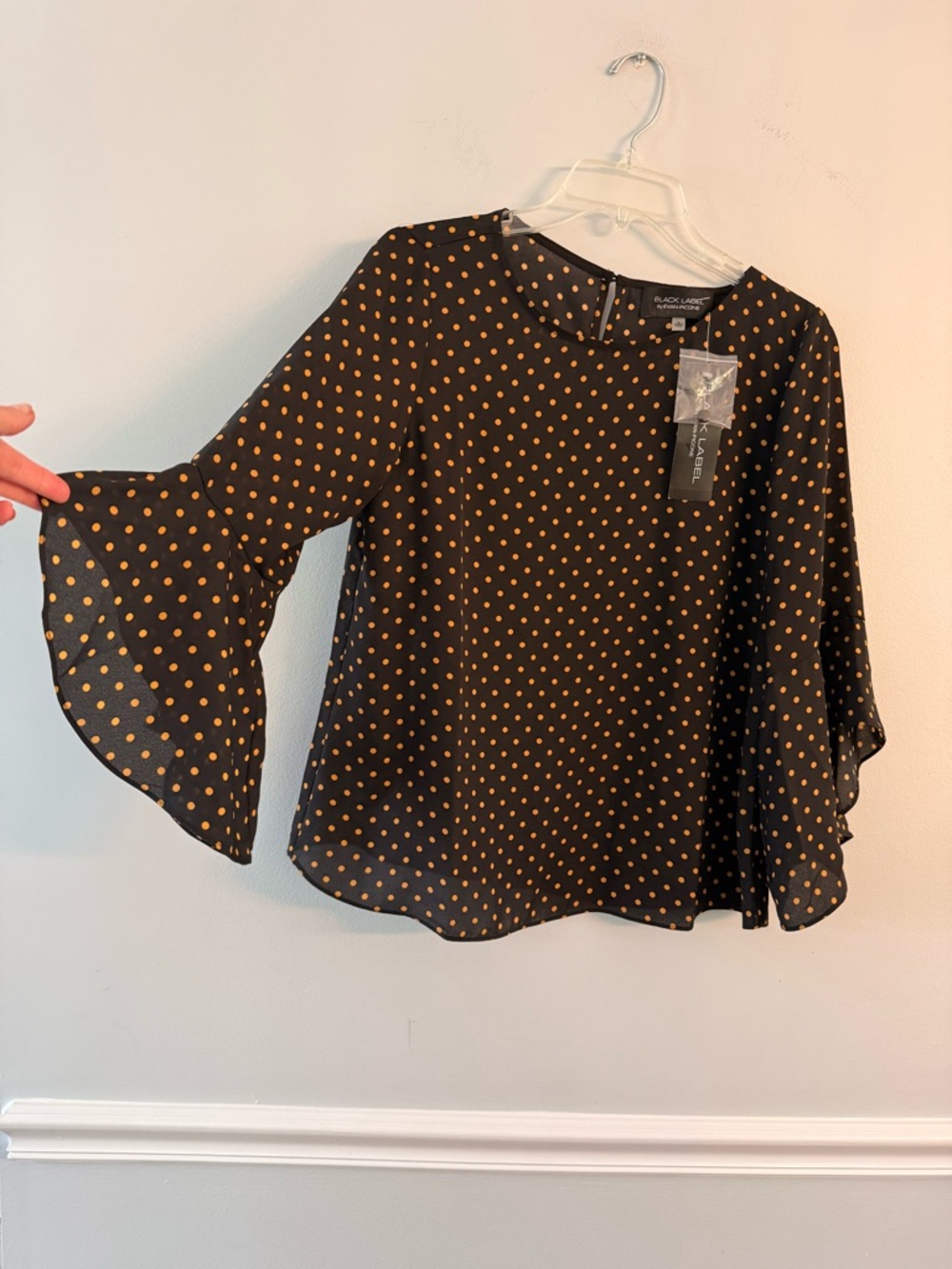 NWT Evan Picone Black Blouse with Mustard Polka Dots and Flared Sleeves